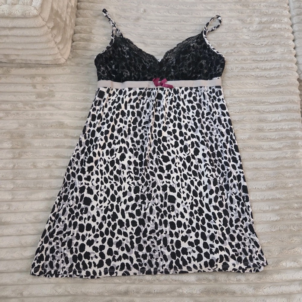 George Womens Sleepwear Chemise Nightgown Size S 4-6 Leopard Print Black Lace